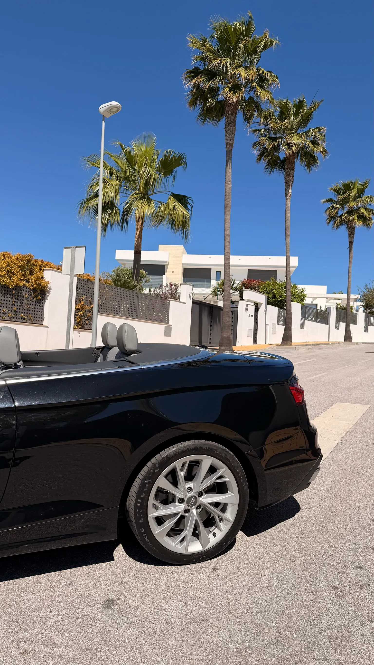 Rear three-quarter view of the black Audi A5 Convertible with 18-inch 5-twin-spoke wheel and Marbella palm trees